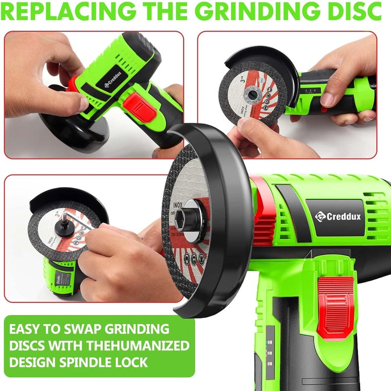 Creddux Cordless Angle Grinder, 3 Inch Mini Angle Grinder Tool With 2pcs 16.8V 2000mAh Batteries and 5 Grinding Wheel,19500rpm Metal Grinders for Cutting, Grinding and Polishing Emerald Green - Image 3
